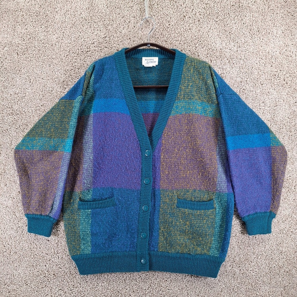 Hasting & Smith Cardigan Adult Medium Multicolor Plaid V-Neck‎ Oversized Vintage